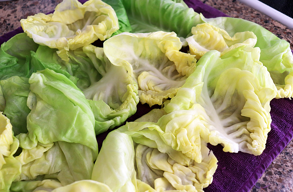Draining the cabbage leaves on a kitchen towel