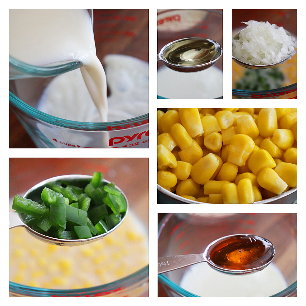 Wet Ingredients Collage for Cheesy Honey Jalapeno Cornbread Muffins