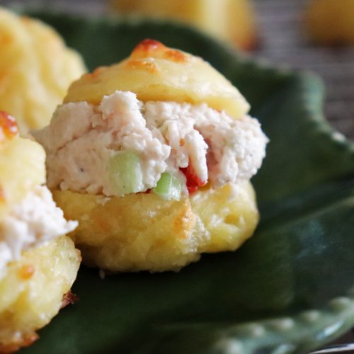 Rotisserie Chicken Puff Appetizers on a green plate