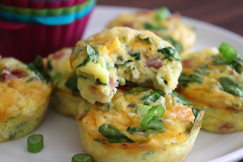 Bite shot of Ham and Spinach Egg Muffins