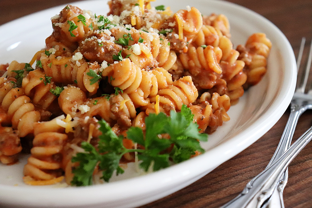 Plated Easy Ground Beef Pasta Recipe