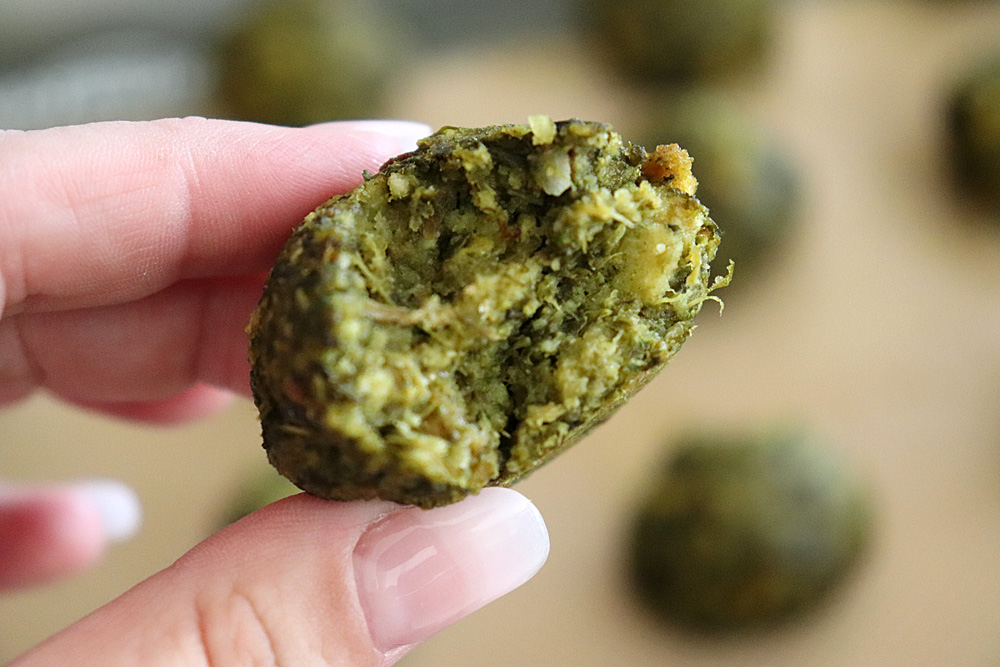 Bite shot of Easy Spinach Stuffing Balls Recipe